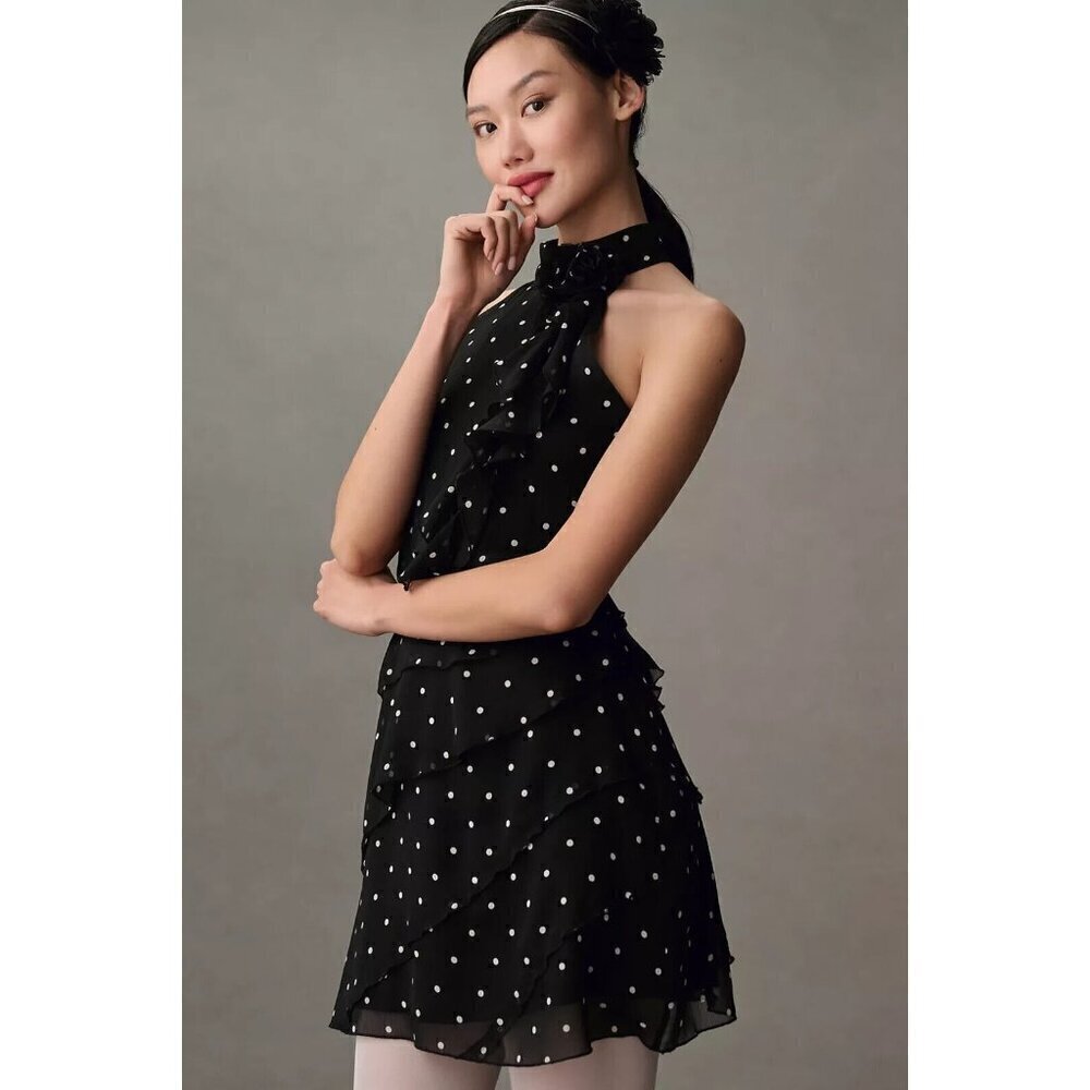 NWT Anthropologie Maeve Halter Rosette Mini Dress L $168 Black White Polka Dot